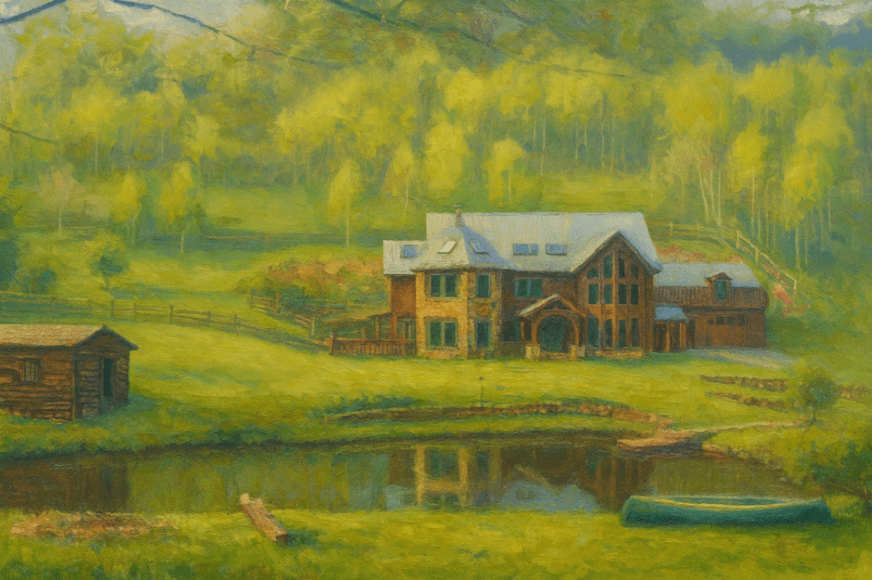 Lush green landscape with a large brown house near a pond, small log cabin, and trees. Calm setting.