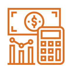 Un icono de una calculadora, dinero y un gráfico.
