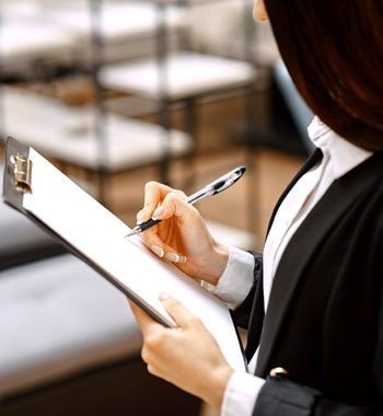 Una mujer está escribiendo en un portapapeles con un bolígrafo.