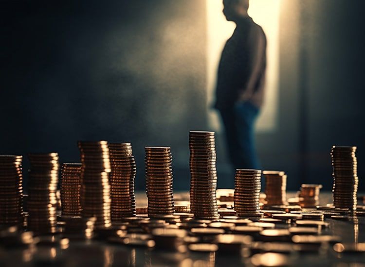 Un hombre está parado frente a un montón de monedas.