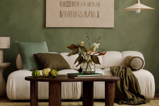 Stock photo of a couch with a table in front of it