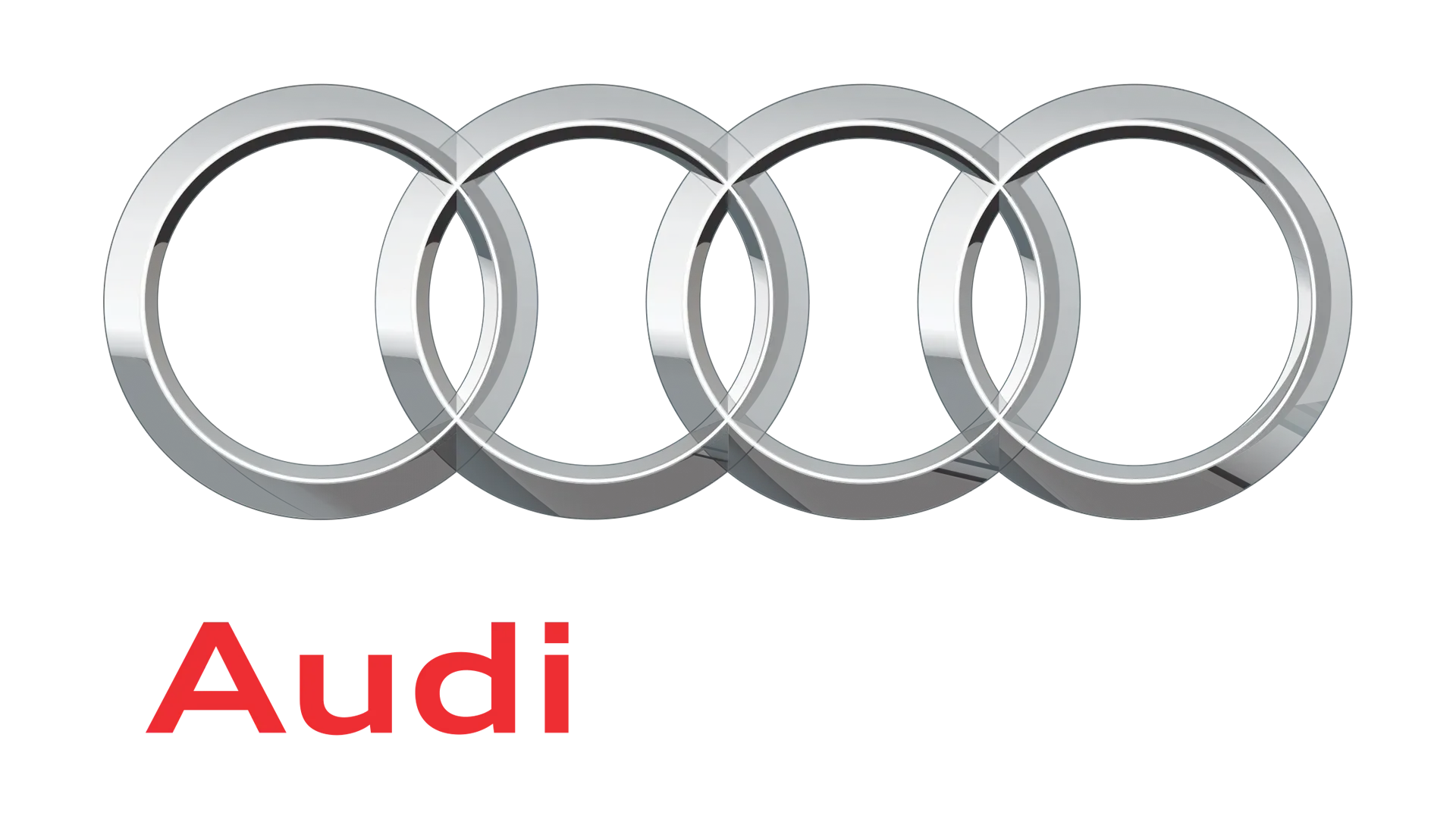 Audi logo with four interlocking silver rings and red wordmark on a white background