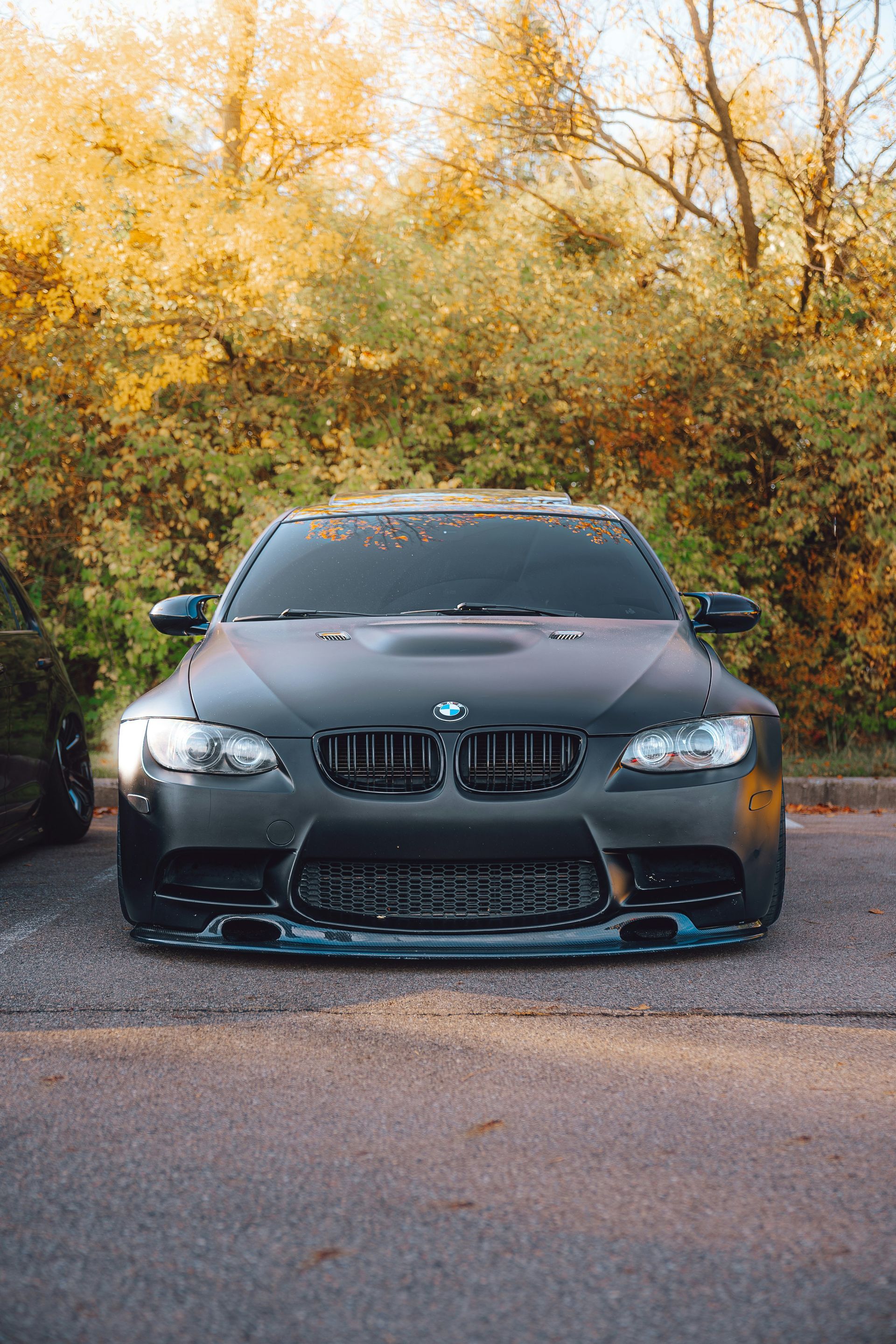 Dark gray BMW sedan parked on a road with autumn trees in the background