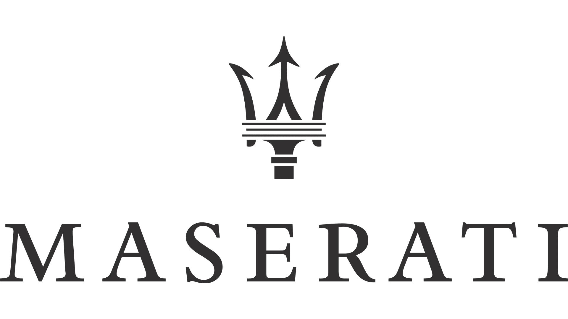 Maserati logo with trident emblem and black brand name on a white background