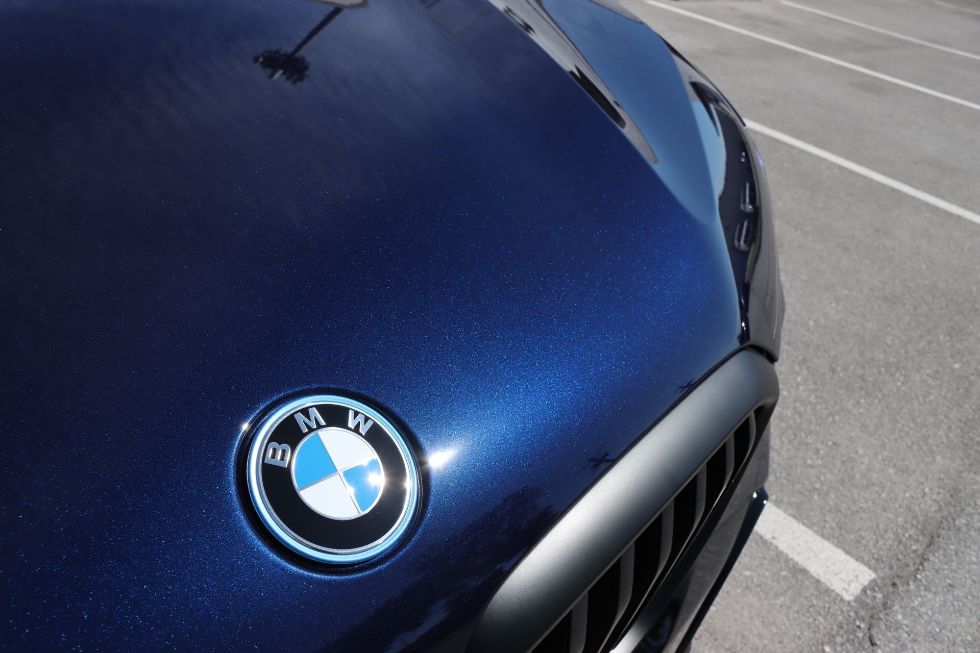 Close-up of a blue BMW hood emblem parked on asphalt