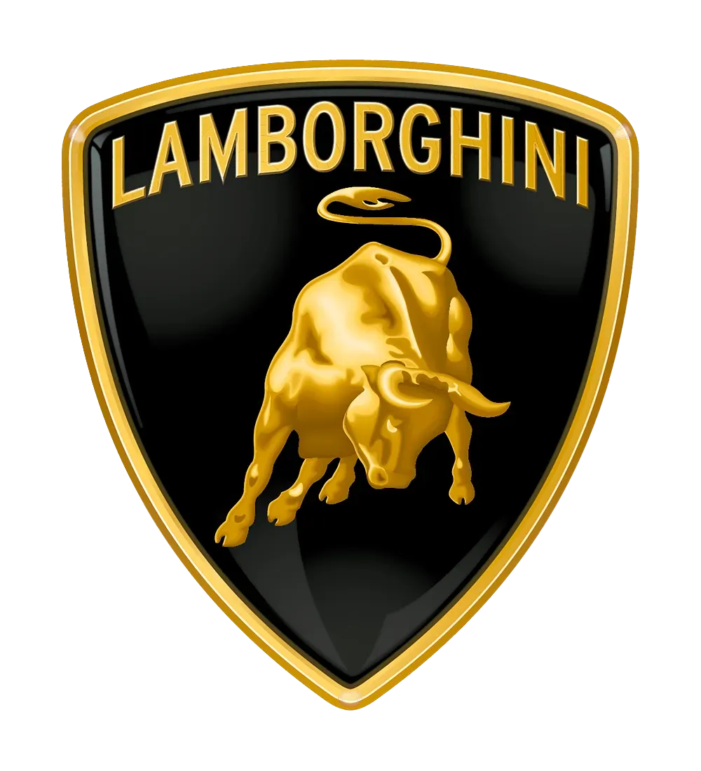 Lamborghini logo: gold charging bull on black shield with gold border