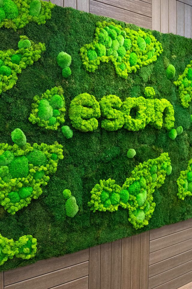 Decorazione murale con muschio verde che compone la parola "green" su un pannello da giardino verticale dalla texture particolare.