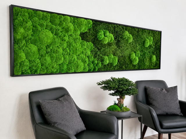 Salotto moderno con una lunga opera d'arte murale a base di muschio verde, sedie nere e un piccolo tavolino con bonsai come centrotavola.