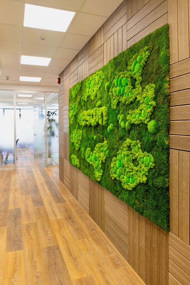 Corridoio dell'ufficio con una grande installazione artistica a parete realizzata con muschio verde e pavimento in legno.