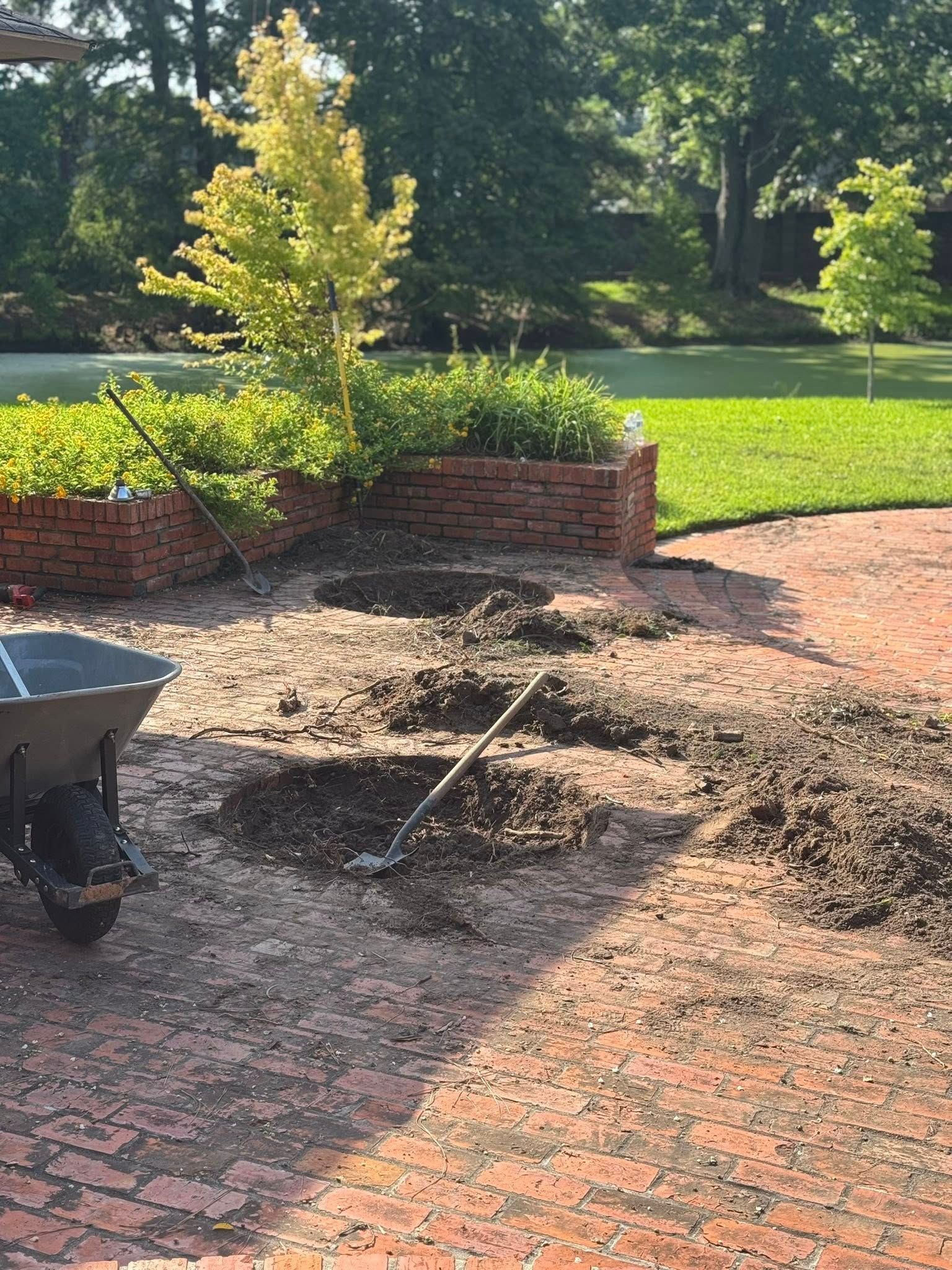 Garden bed being prepared with wheelbarrow, shovel, and brick patio.
