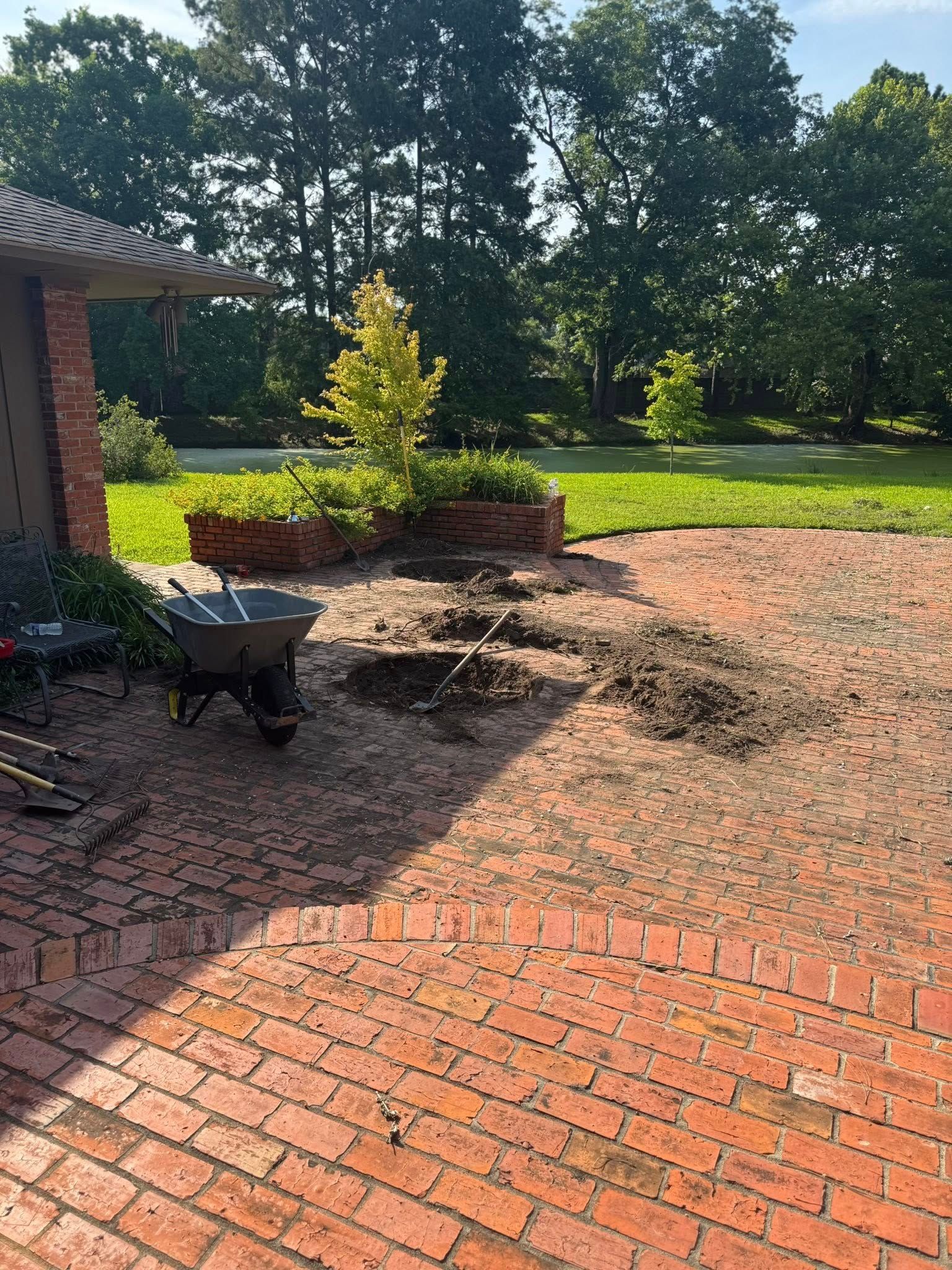 Brick patio with a wheelbarrow, garden beds, and trees.