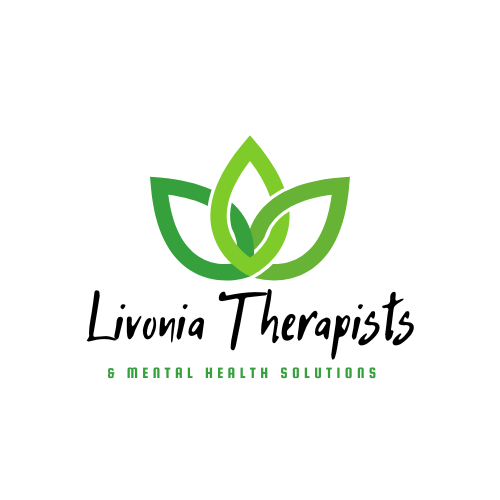 Logo for Livonia Therapists: Green lotus symbol above "Livonia Therapists & Mental Health Solutions" in black text.
