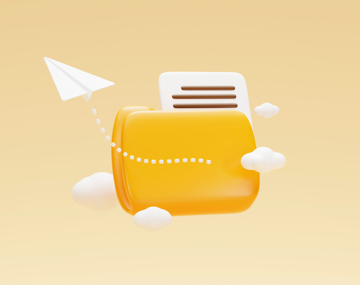 A yellow folder with a paper airplane flying out of it.