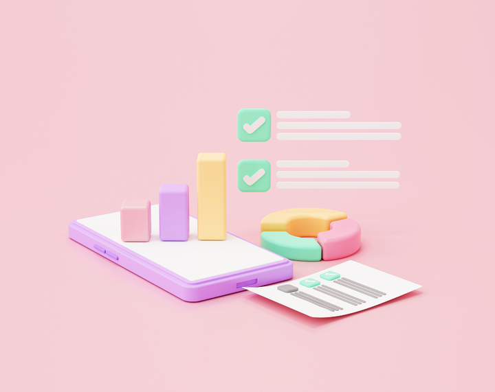 A 3d rendering of a cell phone , a graph , and a pie chart on a pink background.