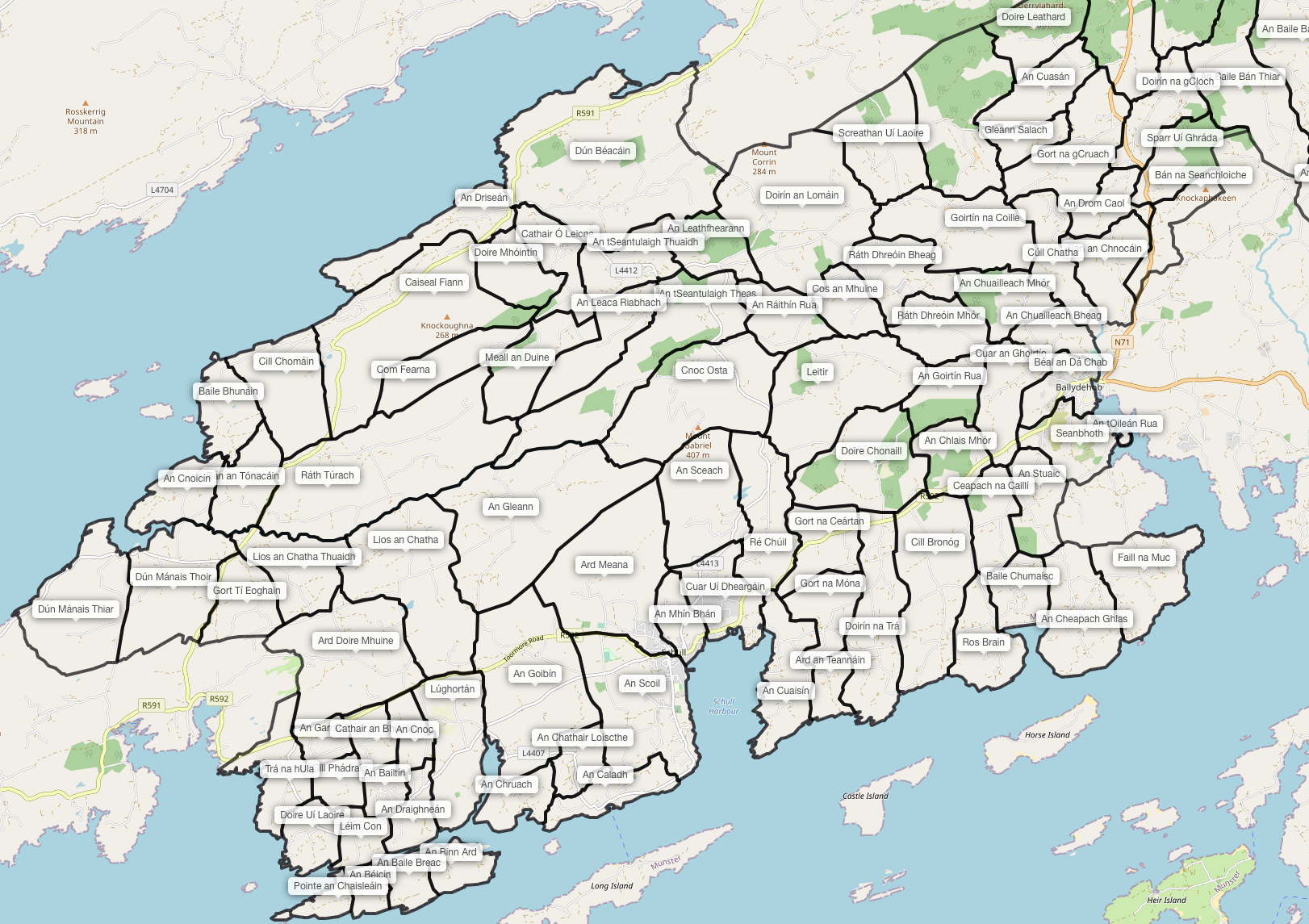 townland names in the original Irish Original placenames of Skull Civil Parish - map © OpenStreetMap contributors