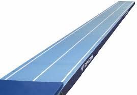 A long blue track with white lines on a white background.
