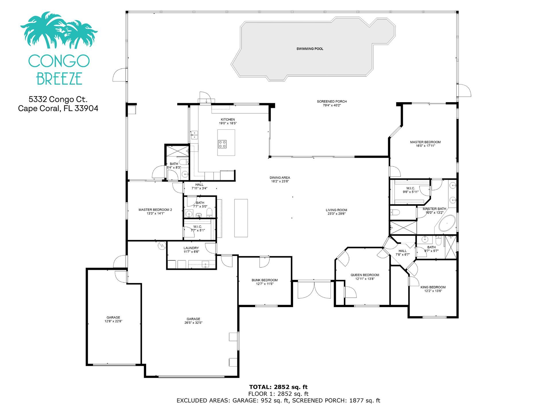 A black and white floor plan of a house with a pool.