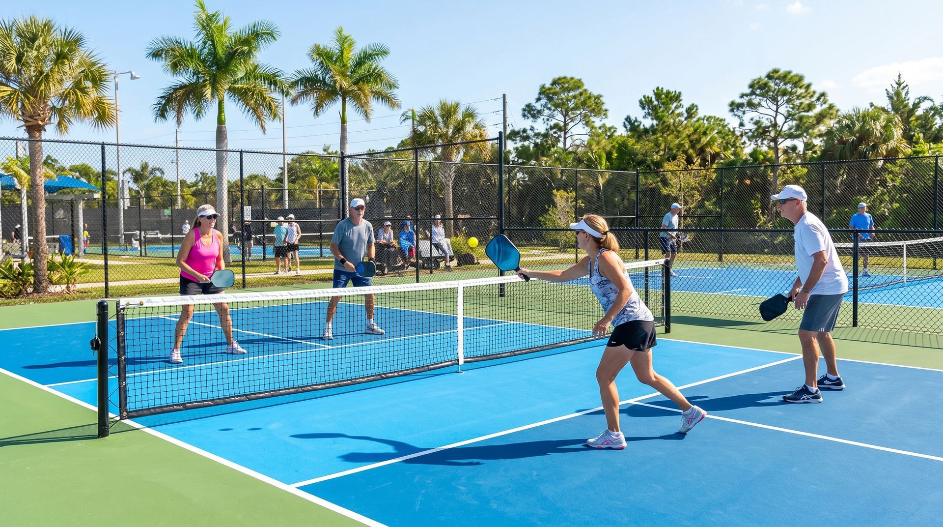 People playing pickleball on a bright outdoor court with palm trees in the background