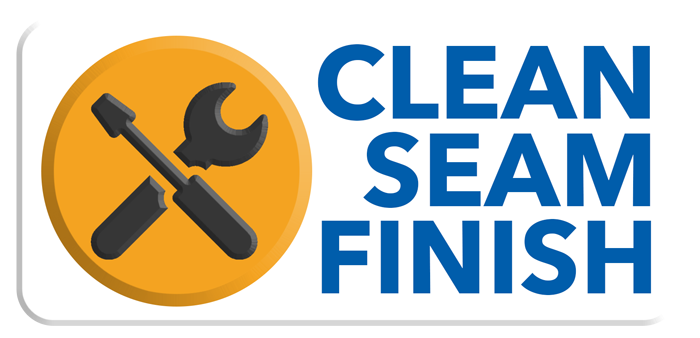 Icon with a yellow circle containing a crossed screwdriver and wrench, next to the blue text "CLEAN SEAM FINISH."