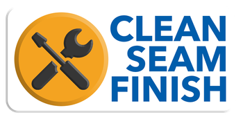 Icon with a yellow circle containing a crossed screwdriver and wrench, next to the blue text "CLEAN SEAM FINISH."