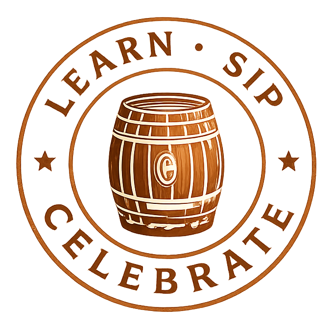 Circular brown logo with a barrel icon and the words “LEARN · SIP · CELEBRATE” around it