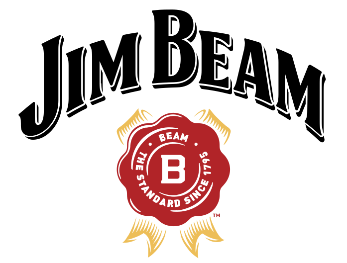 Jim Beam logo with black text and a red seal emblem on a white background