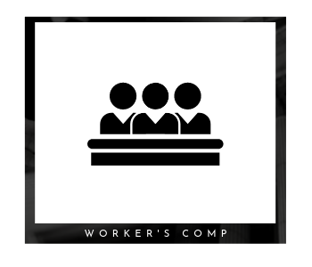 Black worker's comp icon showing three people above the words “WORKER’S COMP”