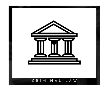 Black legal icon of a courthouse with the words “CRIMINAL LAW” below.