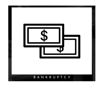 Black-and-white bankruptcy icon showing overlapping dollar bills with the word “BANKRUPTCY” below