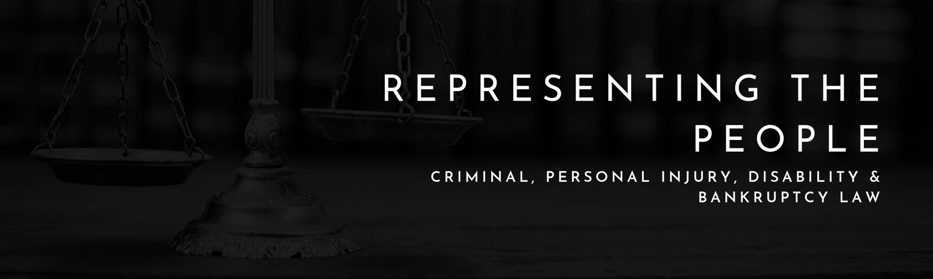 Dark banner reading “Representing the People” with “Criminal personal injury, divorce, and family law” beneath it