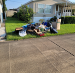 Garbage and debris piled at the curb in front of a house on a sunny residential street