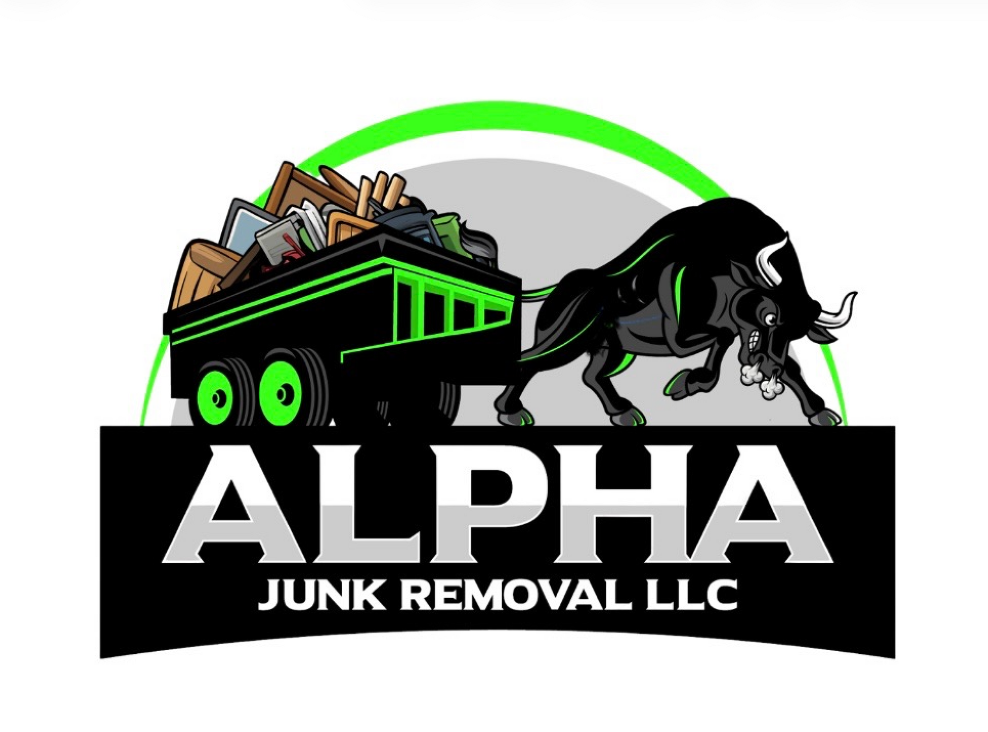 Alpha Junk Removal LLC logo with green dump truck, bull, and bold black-and-white text