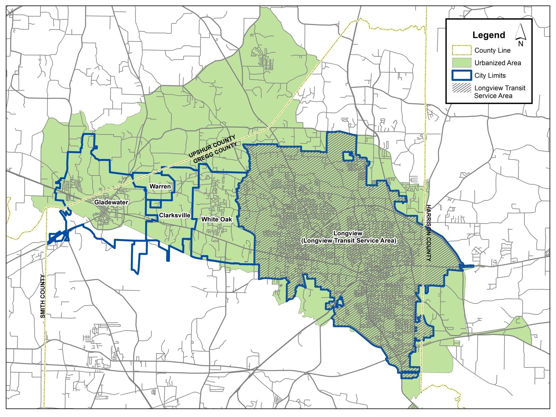 Map of a watershed outlined in green and blue with a legend in the upper right.
