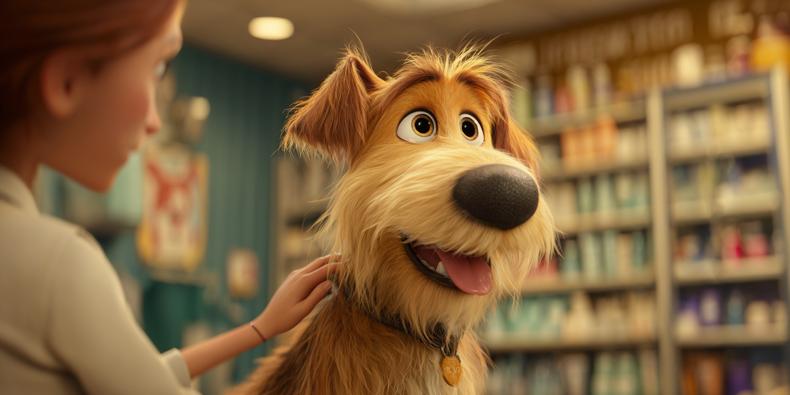A woman pets a smiling animated dog inside a pet supply store.