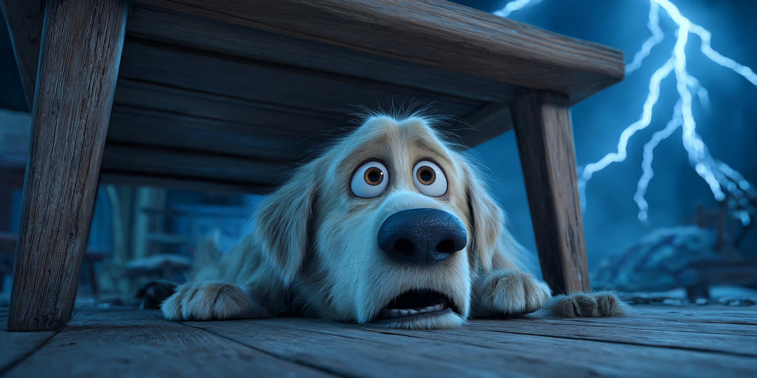 Dog cowers under wooden structure, scared by lightning in stormy night.