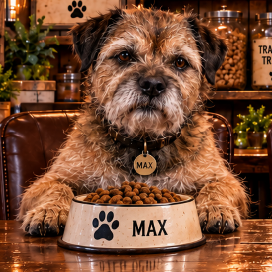 Scruffy dog with “MAX” tag sitting behind a dog bowl in a cozy kitchen counter setting