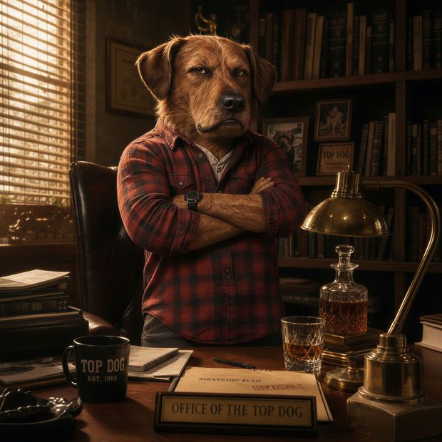 Dog in a red plaid shirt with folded arms sits at a desk in a wood-paneled office.