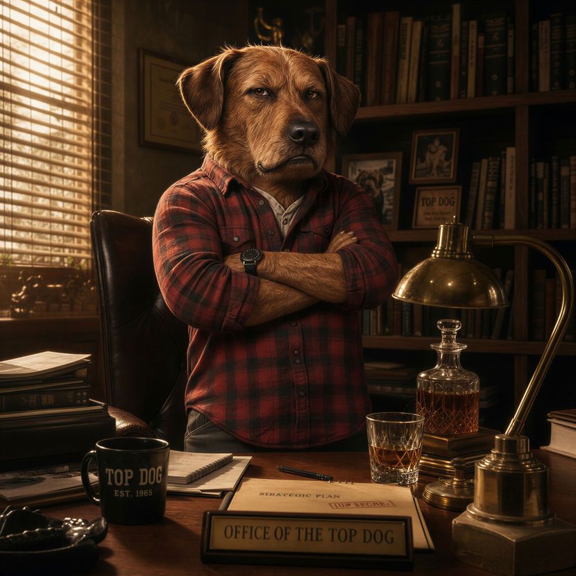 Dog in a red plaid shirt with folded arms sits at a desk in a wood-paneled office.