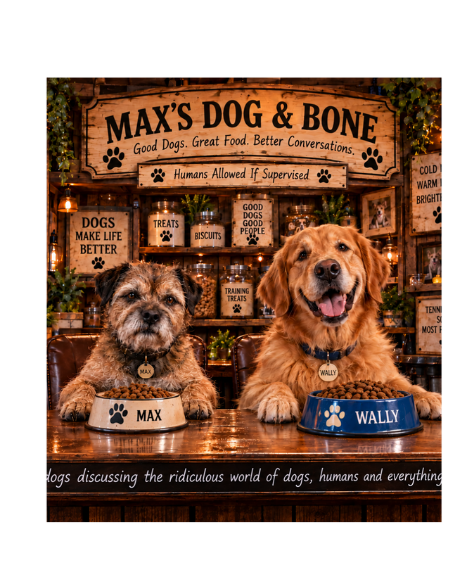 Two dogs in a cozy pet shop, one brown and one golden, under a “Max’s Dog & Bone” sign.