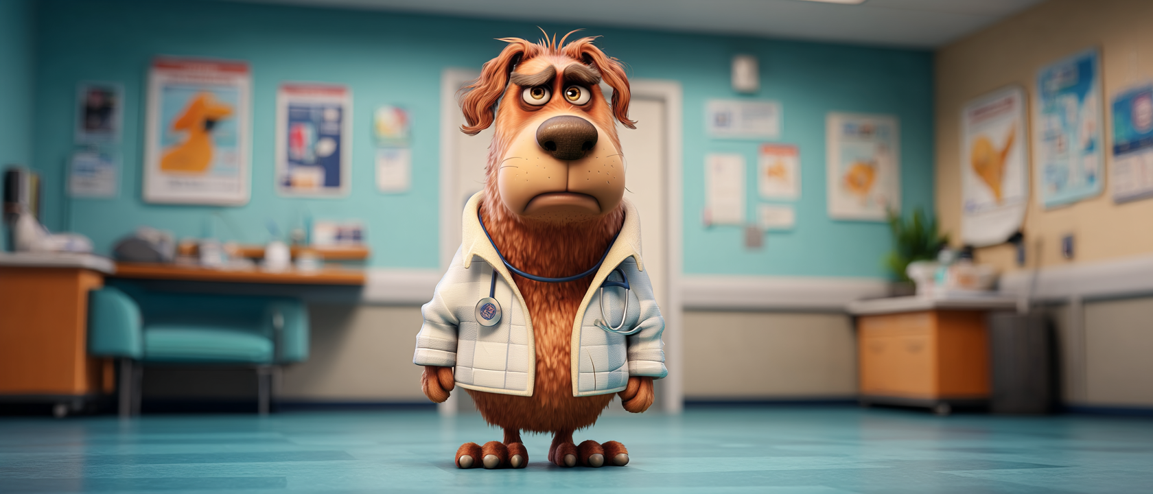 Cartoon dog vet in a clinic, wearing a lab coat and stethoscope, looking sad. Clinic interior, posters, and furniture.