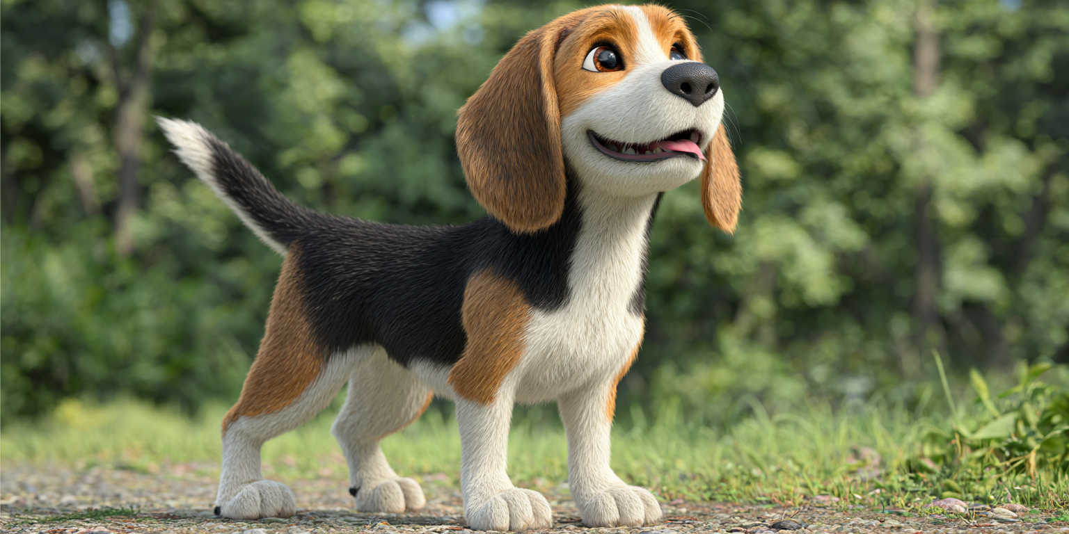 A cartoon beagle dog is standing on a dirt road.