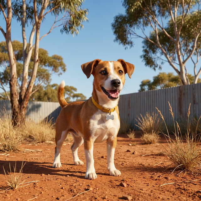 Brown-and-white dog standing on a red dirt path in a sunny yard with trees and a fence