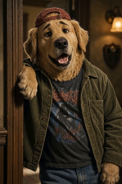 Dog with a human body wearing a cap and jacket, standing indoors with one paw raised.