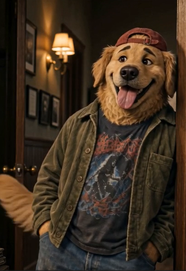 Dog wearing a backward cap and jacket, standing in a dim hallway and smiling with tongue out