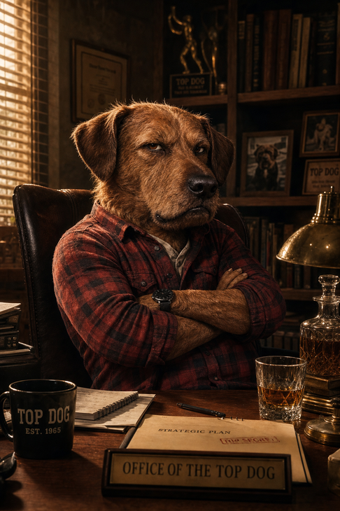 Anthropomorphic dog in a plaid shirt sits at a desk in a dim office, arms crossed, with “Office of the Top Dog” sign.