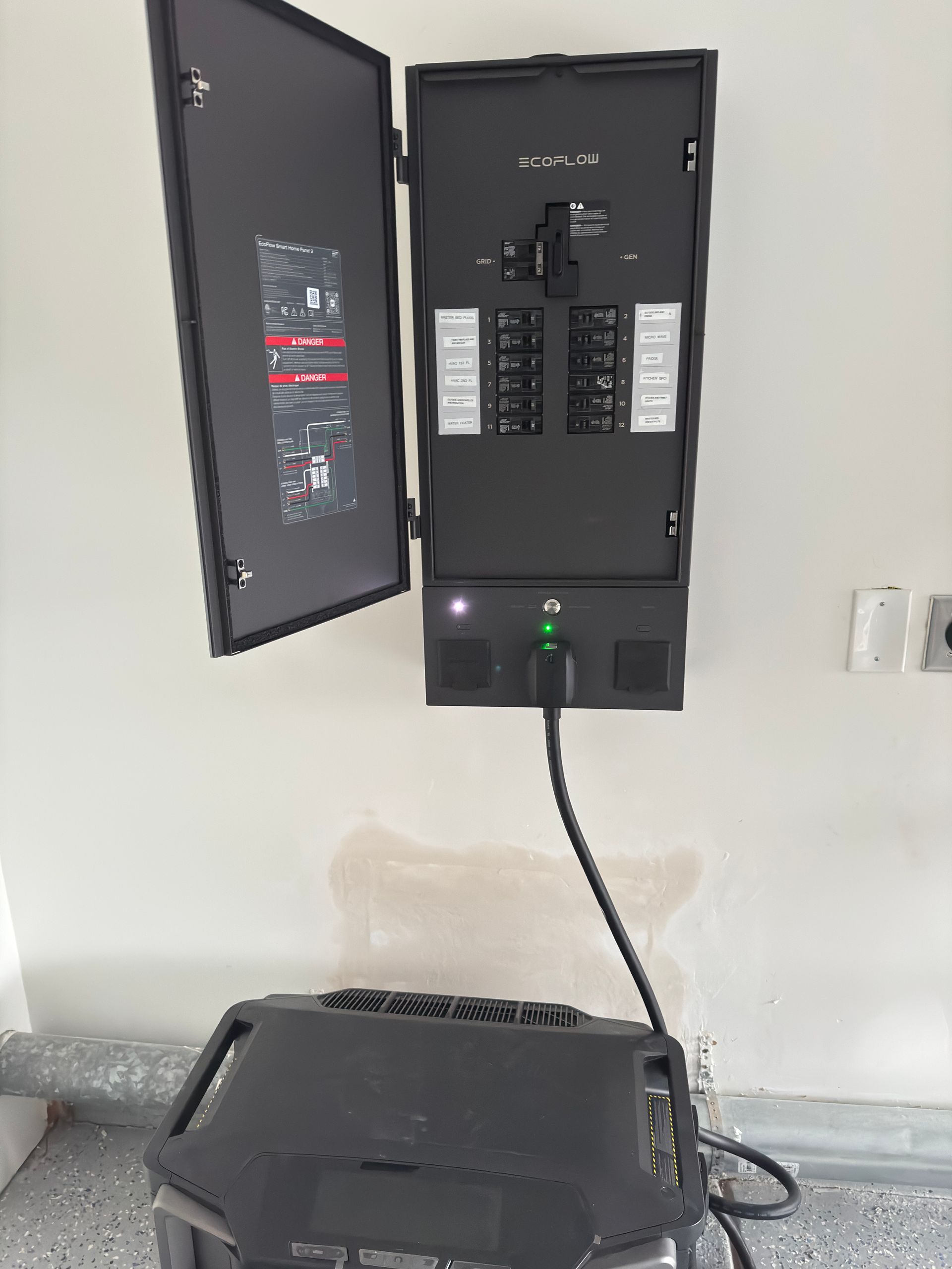 A black electrical panel mounted on a wall with a cord plugged into its outlet, connecting to a device on the floor.