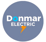Logo for Donmar Electric with white text on a blue circle, featuring a blue 'o' and an orange lightning bolt icon.