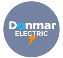 Logo for Donmar Electric with white text on a blue circle, featuring a blue 'o' and an orange lightning bolt icon.
