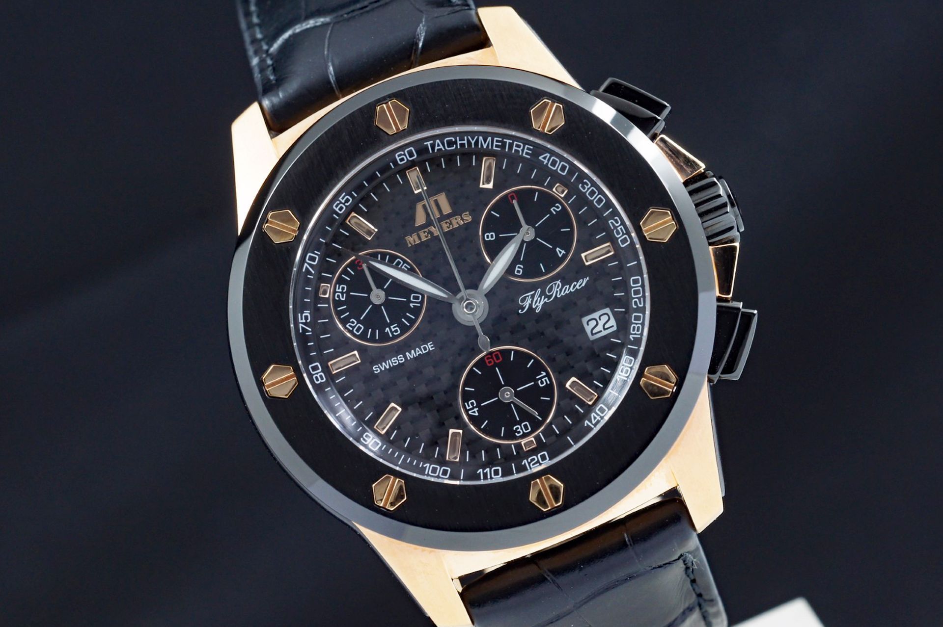 Foto horloge vooraanzicht van een Meyers Fly Racer Chronograph quartz 410xxx