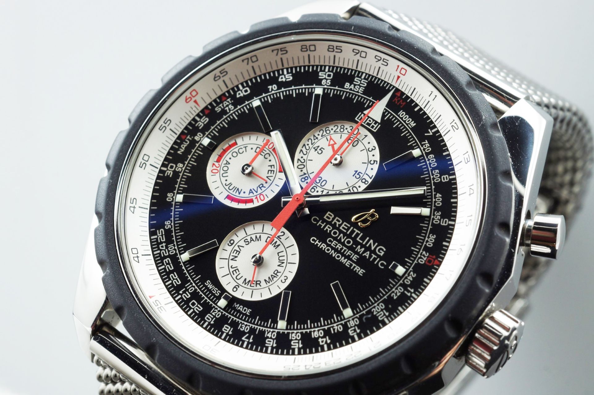 Foto horloge vooraanzicht op RobsWatchPlaza van een: Breitling Chrono-Matic 1461 Limited Edition Mesh Bracelet A19360